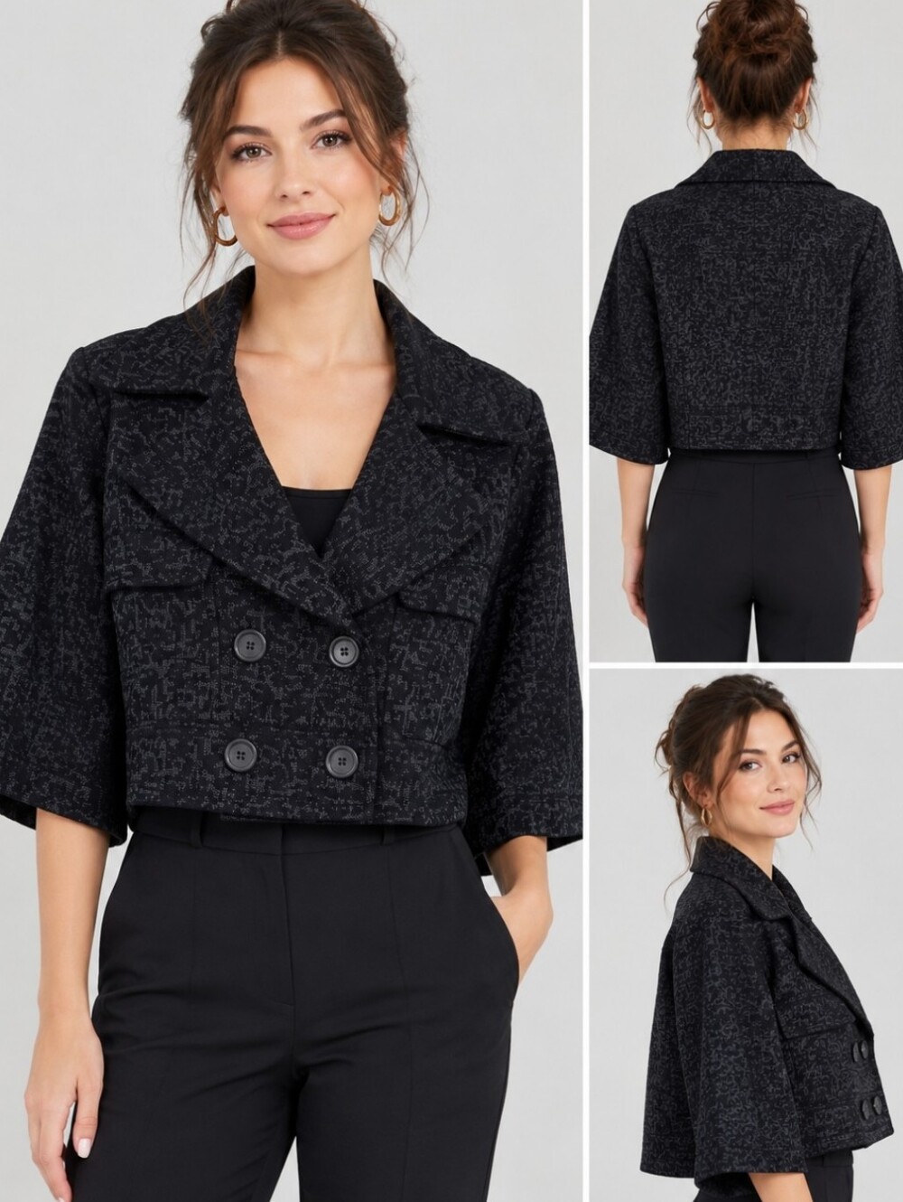 BIZZ Cropped Double Breasted  Black Jacquard- Brocade Jacket Bell Sleeve  Small